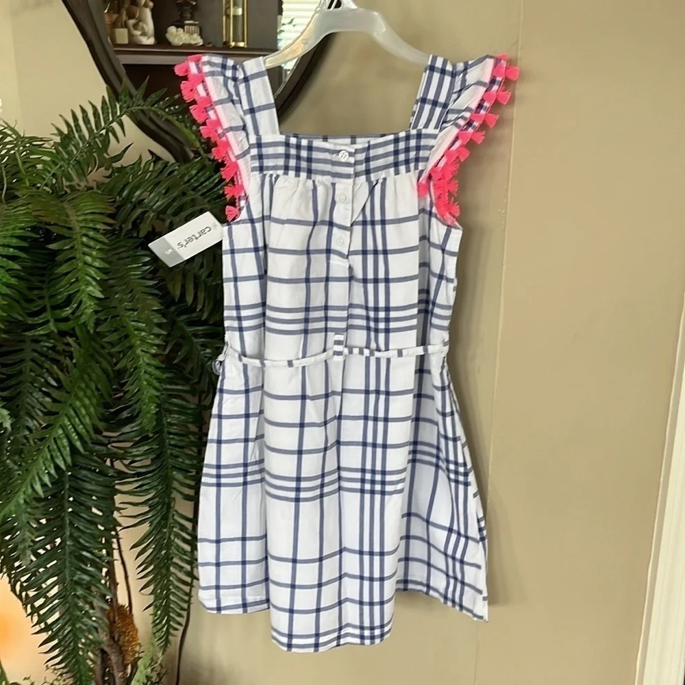 Brand New Carter’s White Blue Plaid Dress w/ Pink Tassels Tie Waist Lined Casual